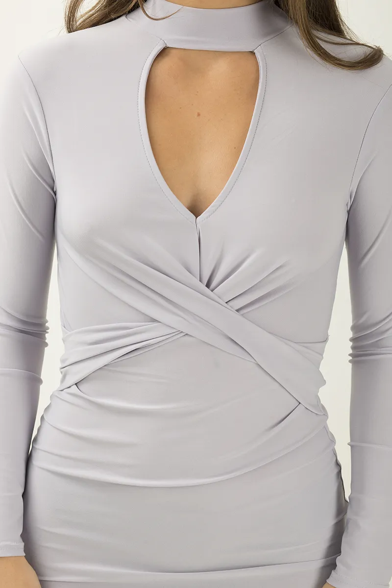 Grey Cut Out Choker Cross Over Bodycon Dress - Toula