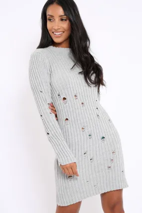 Grey Knit Distressed Jumper Dress - Cheryl