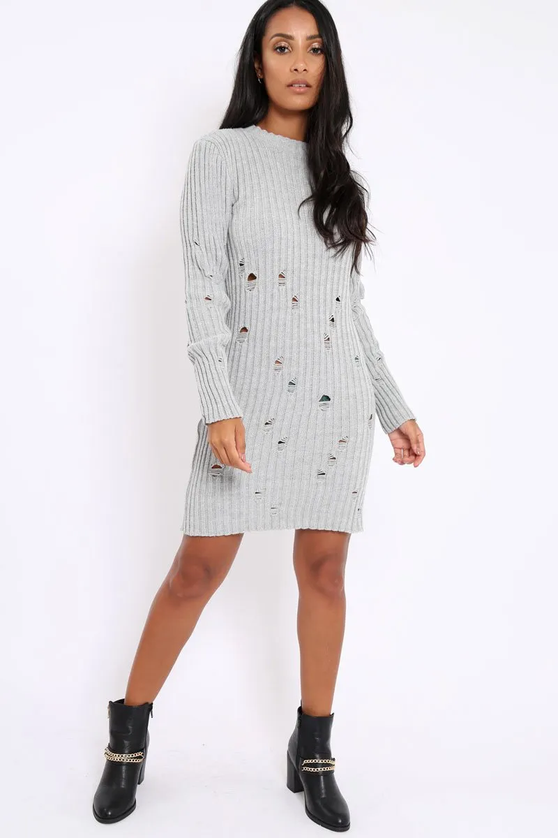 Grey Knit Distressed Jumper Dress - Cheryl