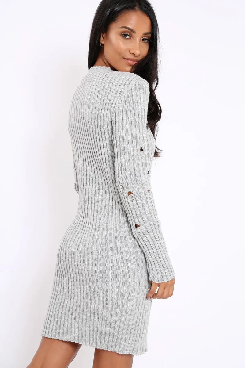 Grey Knit Distressed Jumper Dress - Cheryl