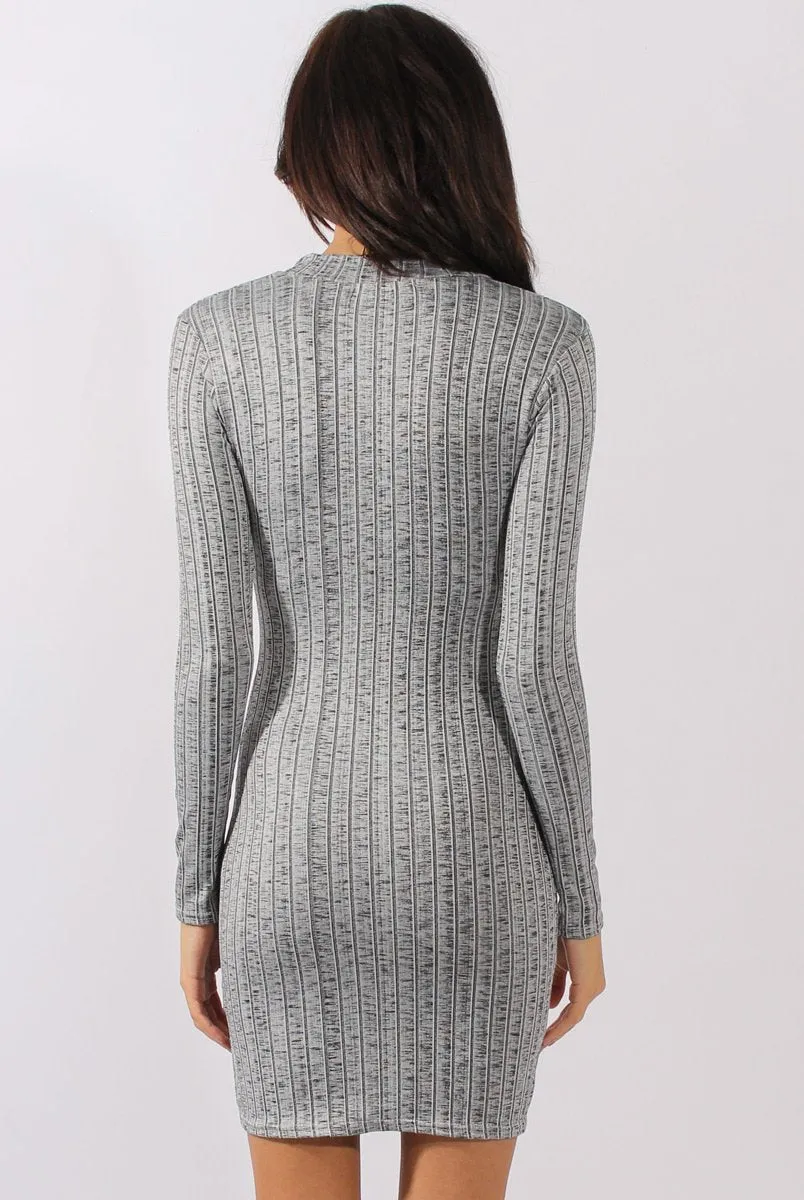 Grey Ribbed Cut Out Front Bodycon Dress - Lenny