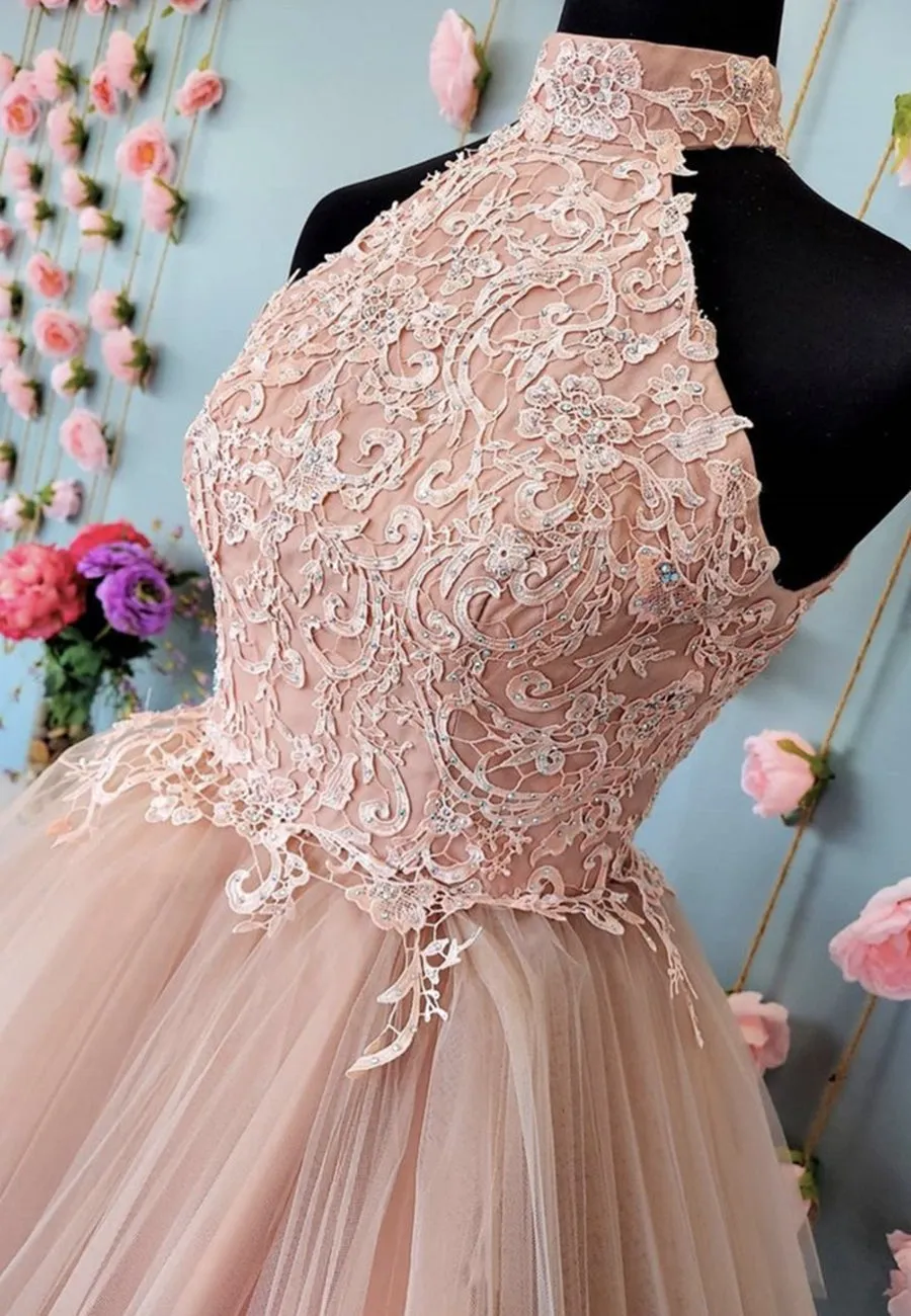 Halter Neck Open Back Champagne Lace Short Prom, Champagne Lace Formal Graduation Homecoming