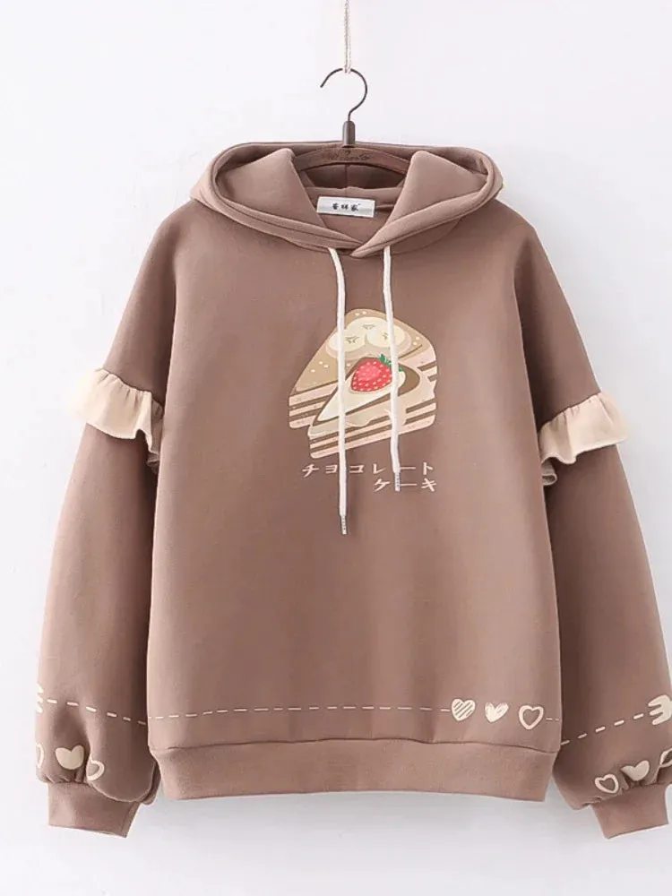 Harajuku Kawaii Hoodies Anime Cotton Fleece Sweatshirt Cat Printed Hooded Sweet Top Women Winter Thick Warm Y2k Girls Cute Coat