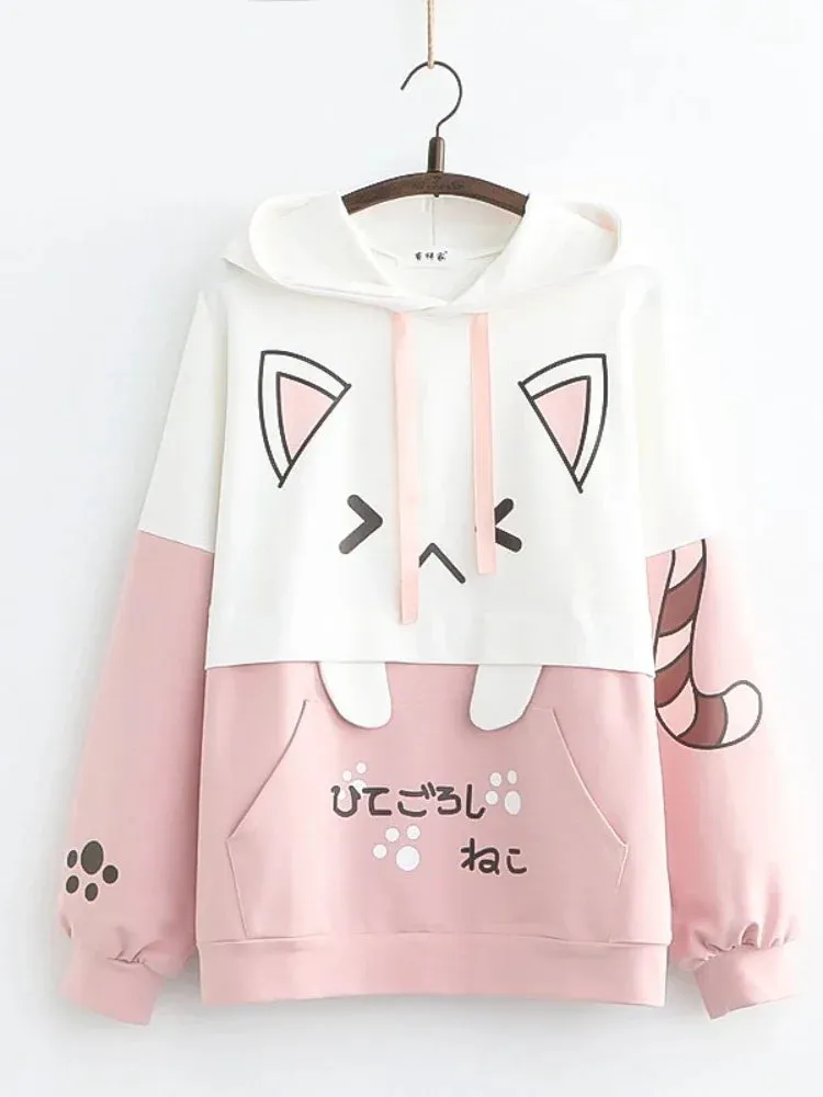 Harajuku Kawaii Hoodies Anime Cotton Fleece Sweatshirt Cat Printed Hooded Sweet Top Women Winter Thick Warm Y2k Girls Cute Coat