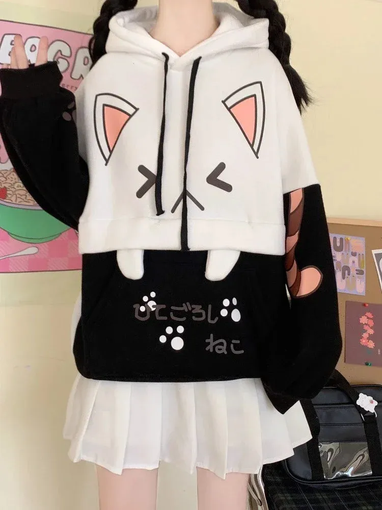 Harajuku Kawaii Hoodies Anime Cotton Fleece Sweatshirt Cat Printed Hooded Sweet Top Women Winter Thick Warm Y2k Girls Cute Coat