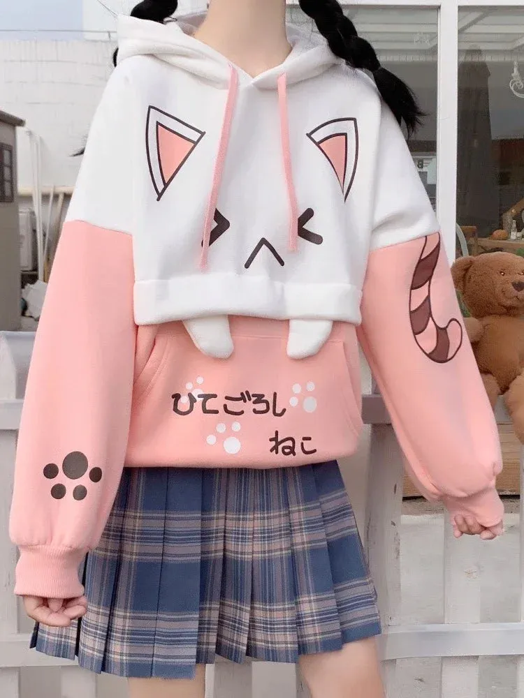 Harajuku Kawaii Hoodies Anime Cotton Fleece Sweatshirt Cat Printed Hooded Sweet Top Women Winter Thick Warm Y2k Girls Cute Coat