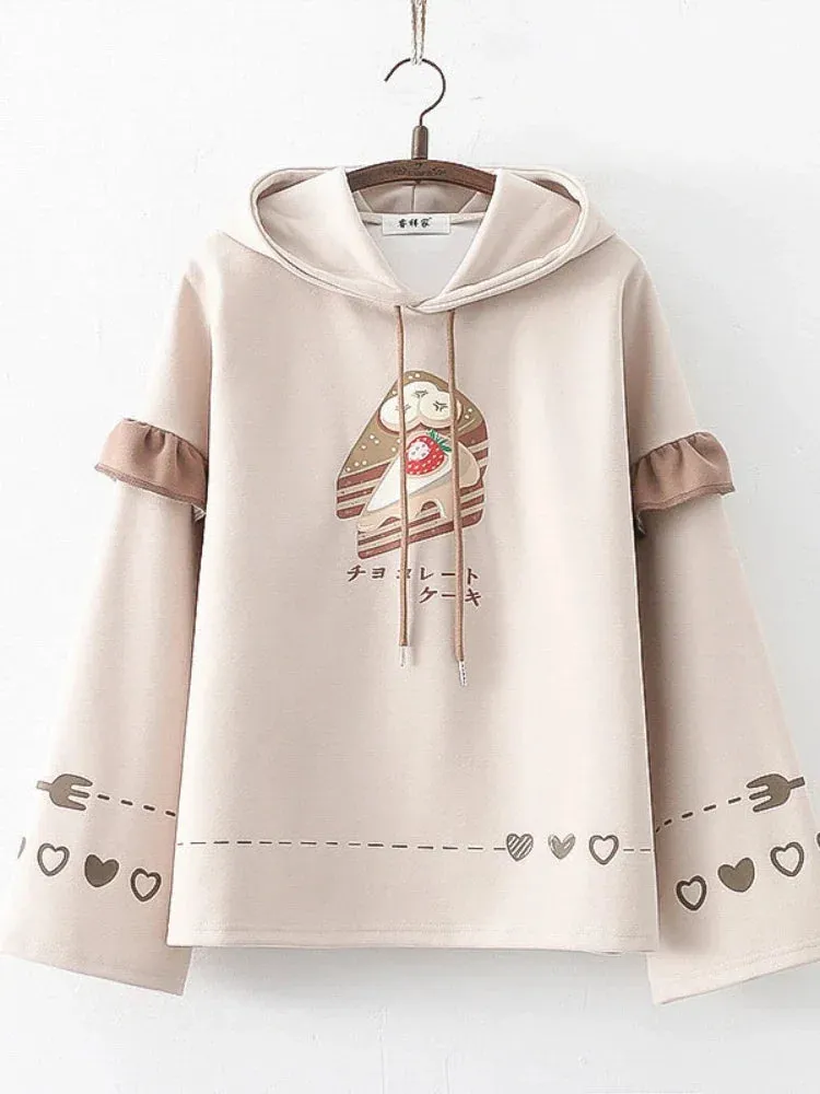 Harajuku Kawaii Hoodies Anime Cotton Fleece Sweatshirt Cat Printed Hooded Sweet Top Women Winter Thick Warm Y2k Girls Cute Coat