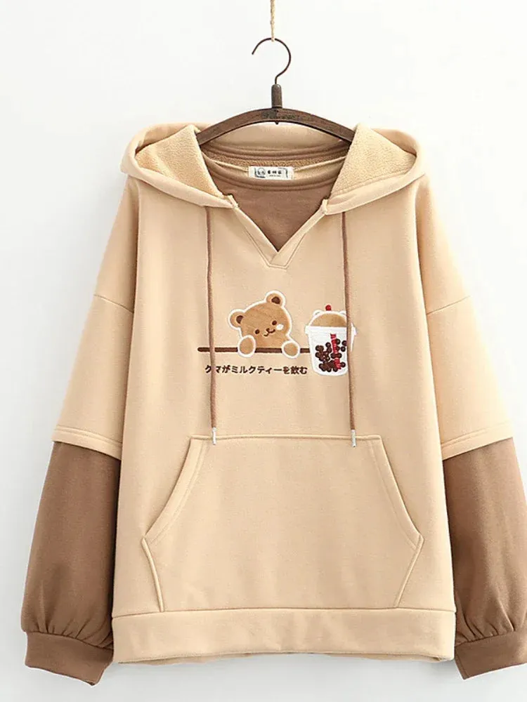 Harajuku Kawaii Hoodies Anime Cotton Fleece Sweatshirt Cat Printed Hooded Sweet Top Women Winter Thick Warm Y2k Girls Cute Coat