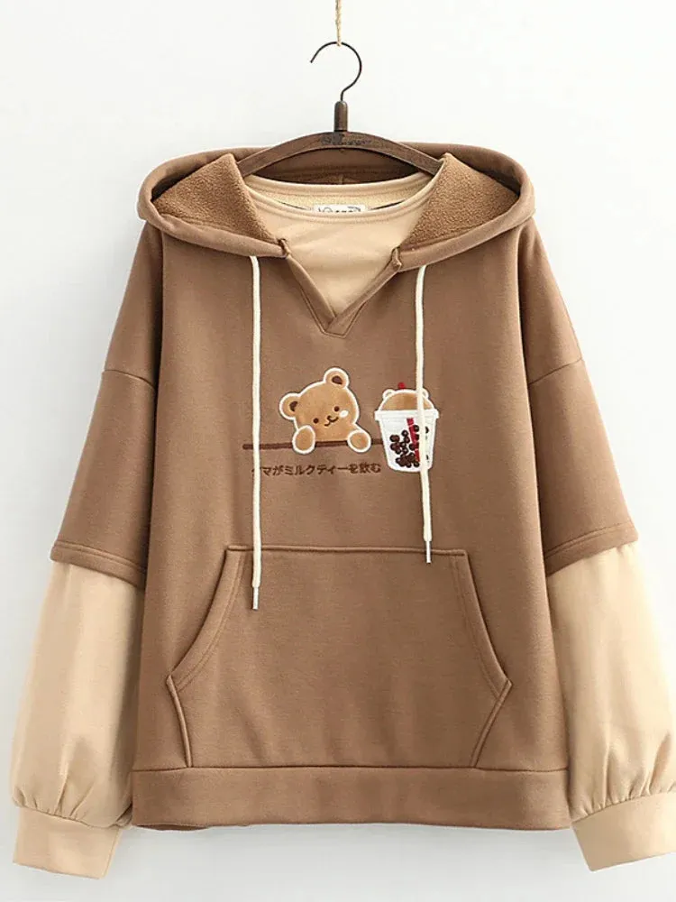 Harajuku Kawaii Hoodies Anime Cotton Fleece Sweatshirt Cat Printed Hooded Sweet Top Women Winter Thick Warm Y2k Girls Cute Coat