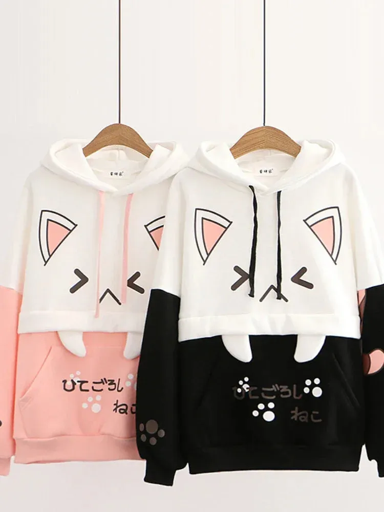 Harajuku Kawaii Hoodies Anime Cotton Fleece Sweatshirt Cat Printed Hooded Sweet Top Women Winter Thick Warm Y2k Girls Cute Coat