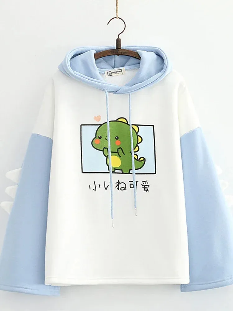 Harajuku Kawaii Hoodies Anime Cotton Fleece Sweatshirt Cat Printed Hooded Sweet Top Women Winter Thick Warm Y2k Girls Cute Coat