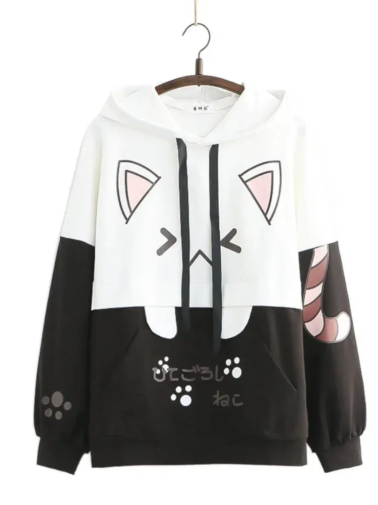 Harajuku Kawaii Hoodies Anime Cotton Fleece Sweatshirt Cat Printed Hooded Sweet Top Women Winter Thick Warm Y2k Girls Cute Coat