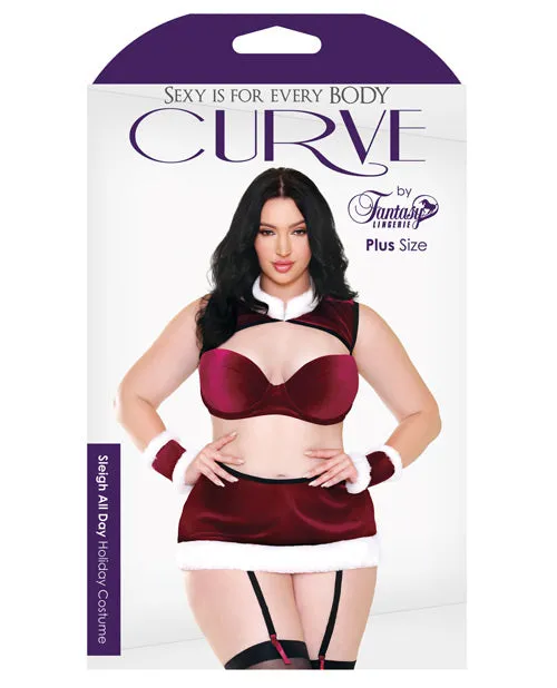 Holiday Curve Sleigh All Day Velvet Bra Top W-faux Fur Collar, Gartered Skirt & Cuffs Red-white 3