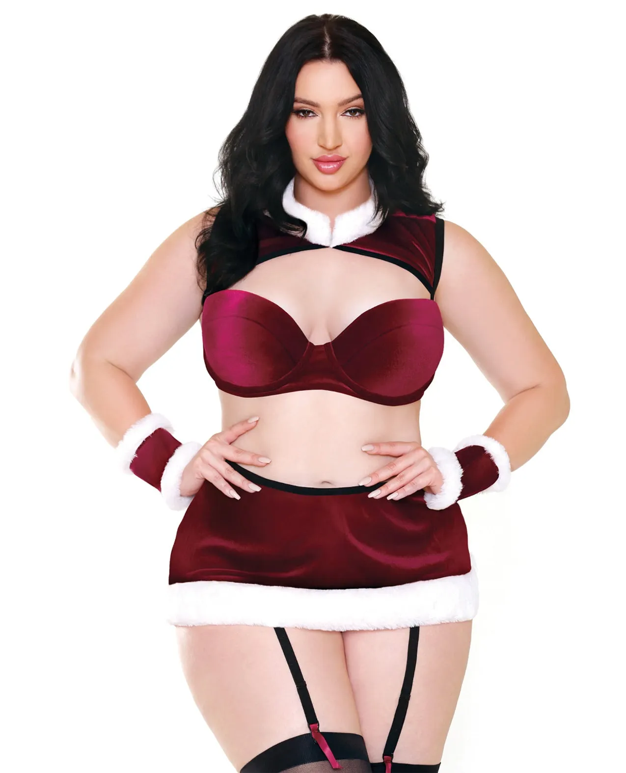 Holiday Curve Sleigh All Day Velvet Bra Top w/Faux Fur Collar, Gartered Skirt & Cuffs Red/White 1