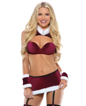 Holiday Play Sleigh all Day Velvet Bra Top w/Faux Fur Collar, Gartered Skirt & Cuffs Red/White S/