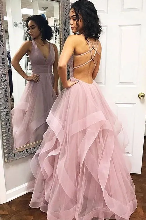 Horsehair Trim Mauve Prom Gown with V-neckline,Prom Dresses