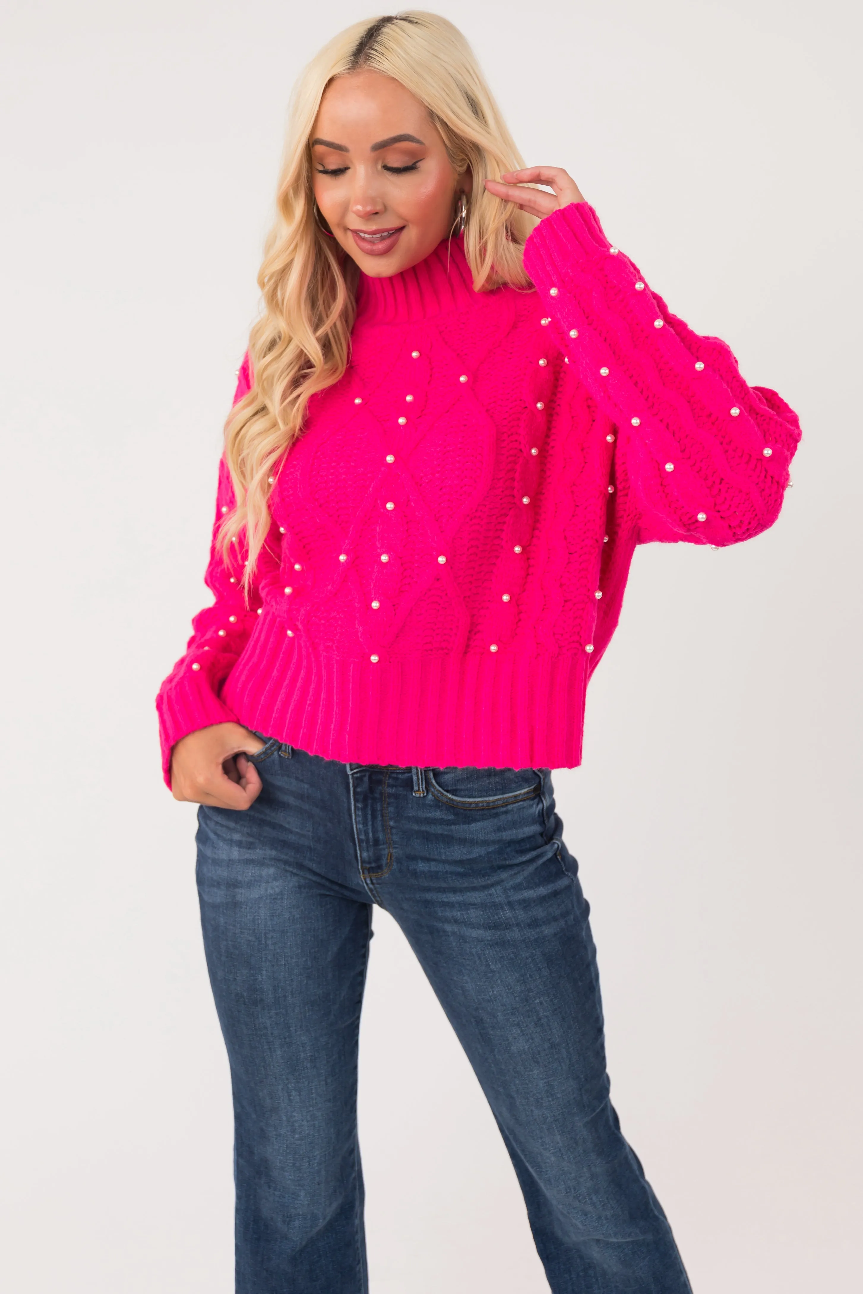 Hot Pink Pearl Embellished Cable Knit Sweater