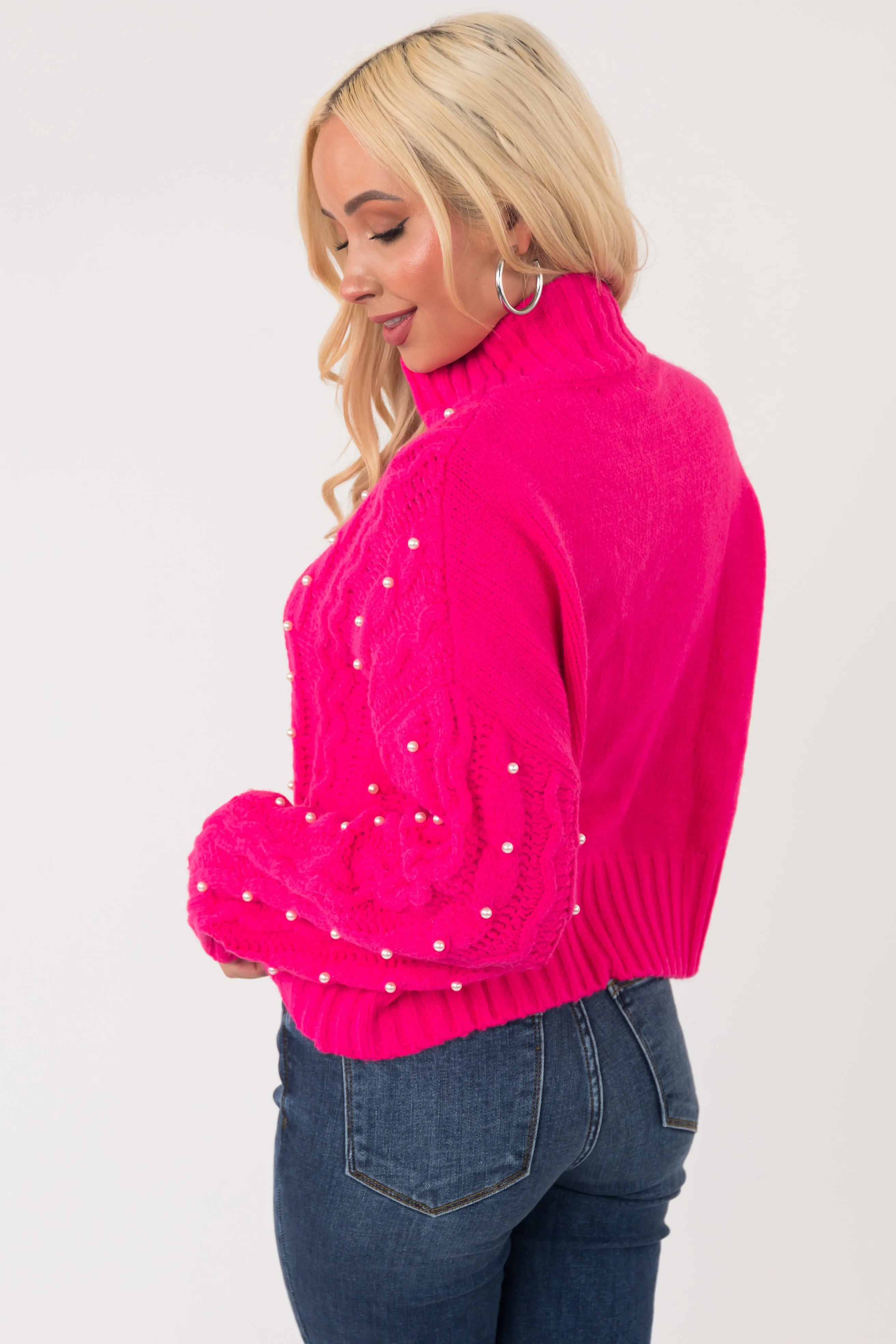 Hot Pink Pearl Embellished Cable Knit Sweater