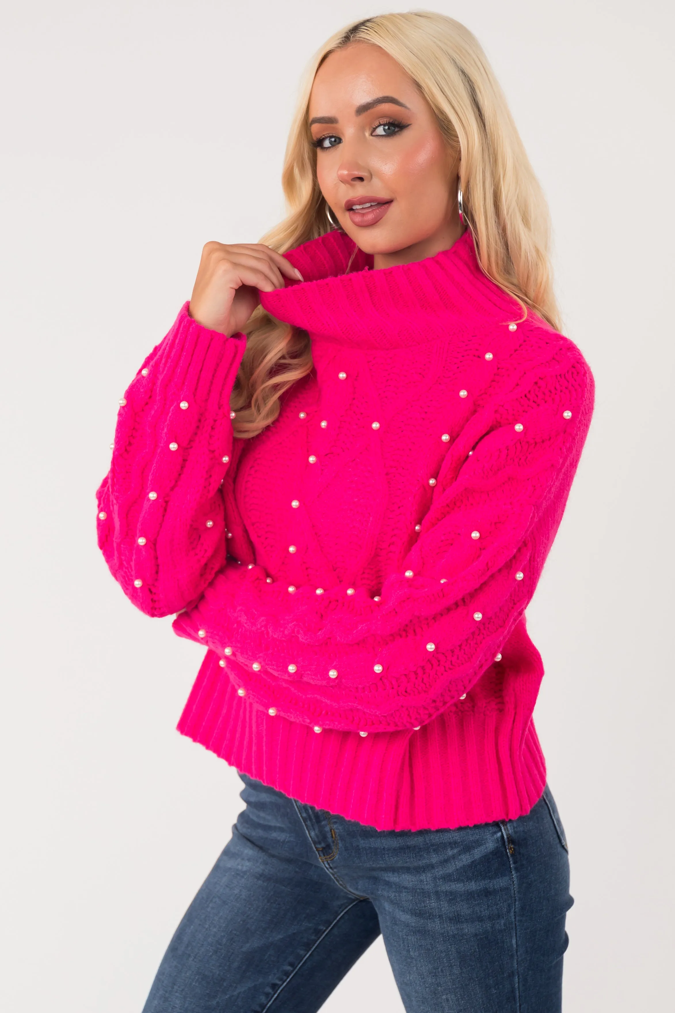 Hot Pink Pearl Embellished Cable Knit Sweater