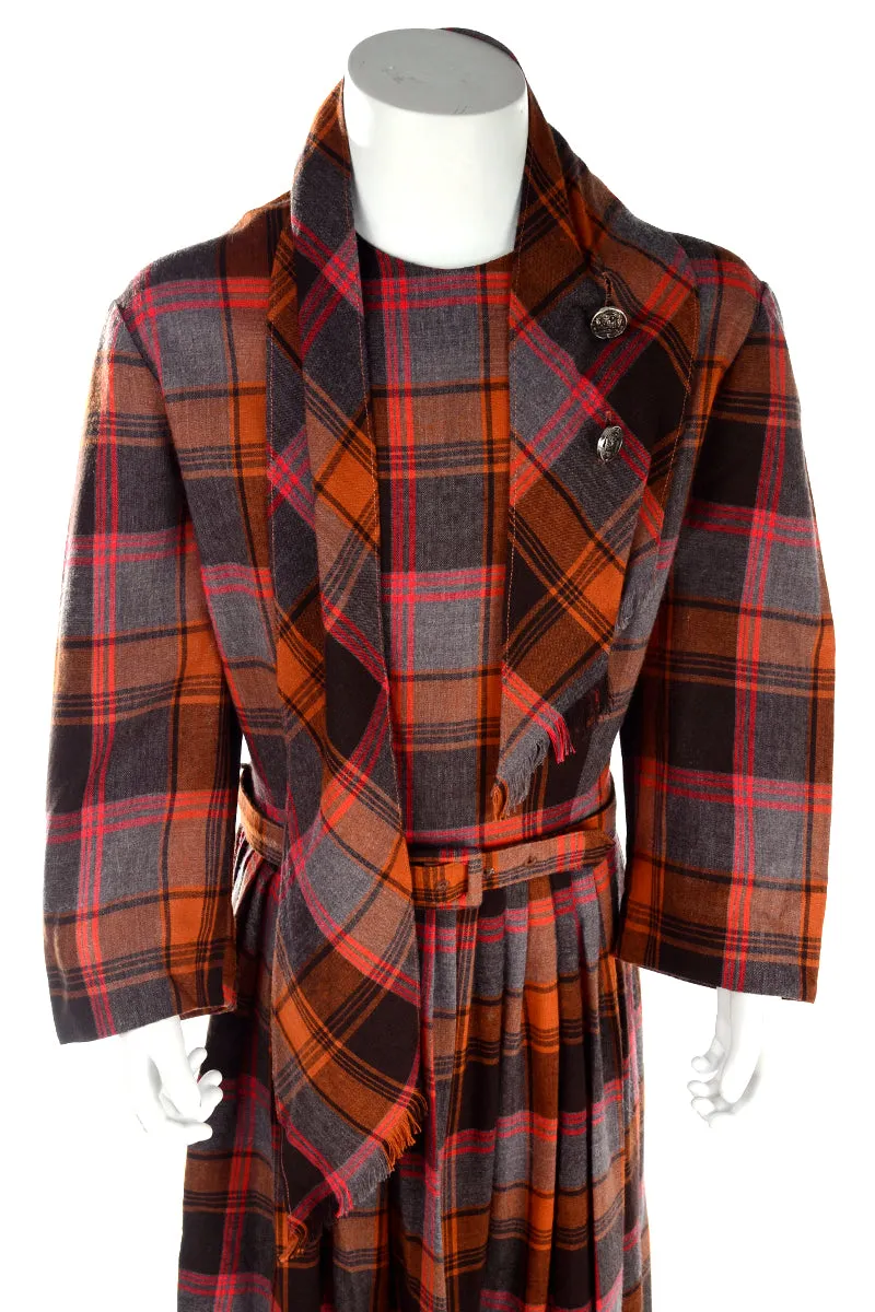 I Magnin Vintage Orange Plaid Young Adult Girl's Dress w/ Attached Scarf