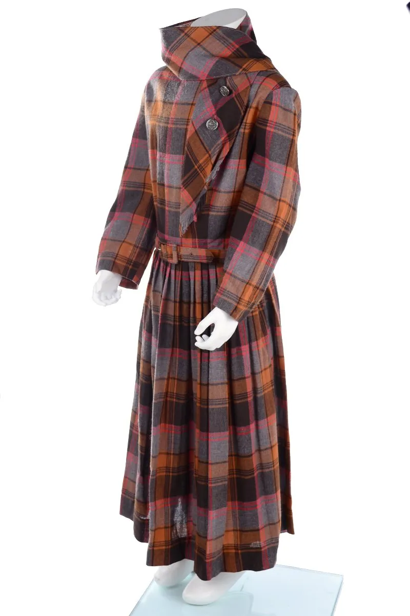 I Magnin Vintage Orange Plaid Young Adult Girl's Dress w/ Attached Scarf