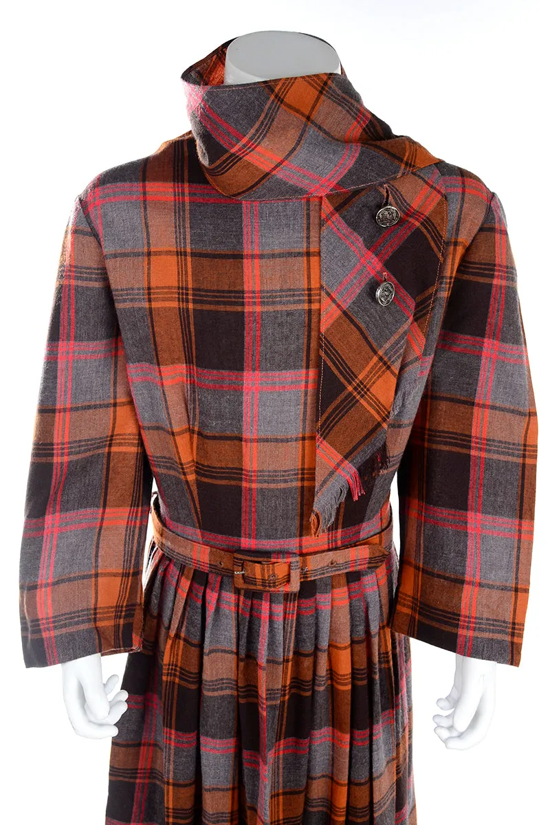 I Magnin Vintage Orange Plaid Young Adult Girl's Dress w/ Attached Scarf