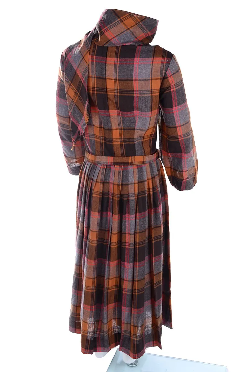 I Magnin Vintage Orange Plaid Young Adult Girl's Dress w/ Attached Scarf