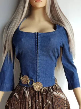 Italian 1990s Vintage Denim Corset Top - Low Bust - Hook Closure - Unbelievably Sexy - 3/4 Sleeve