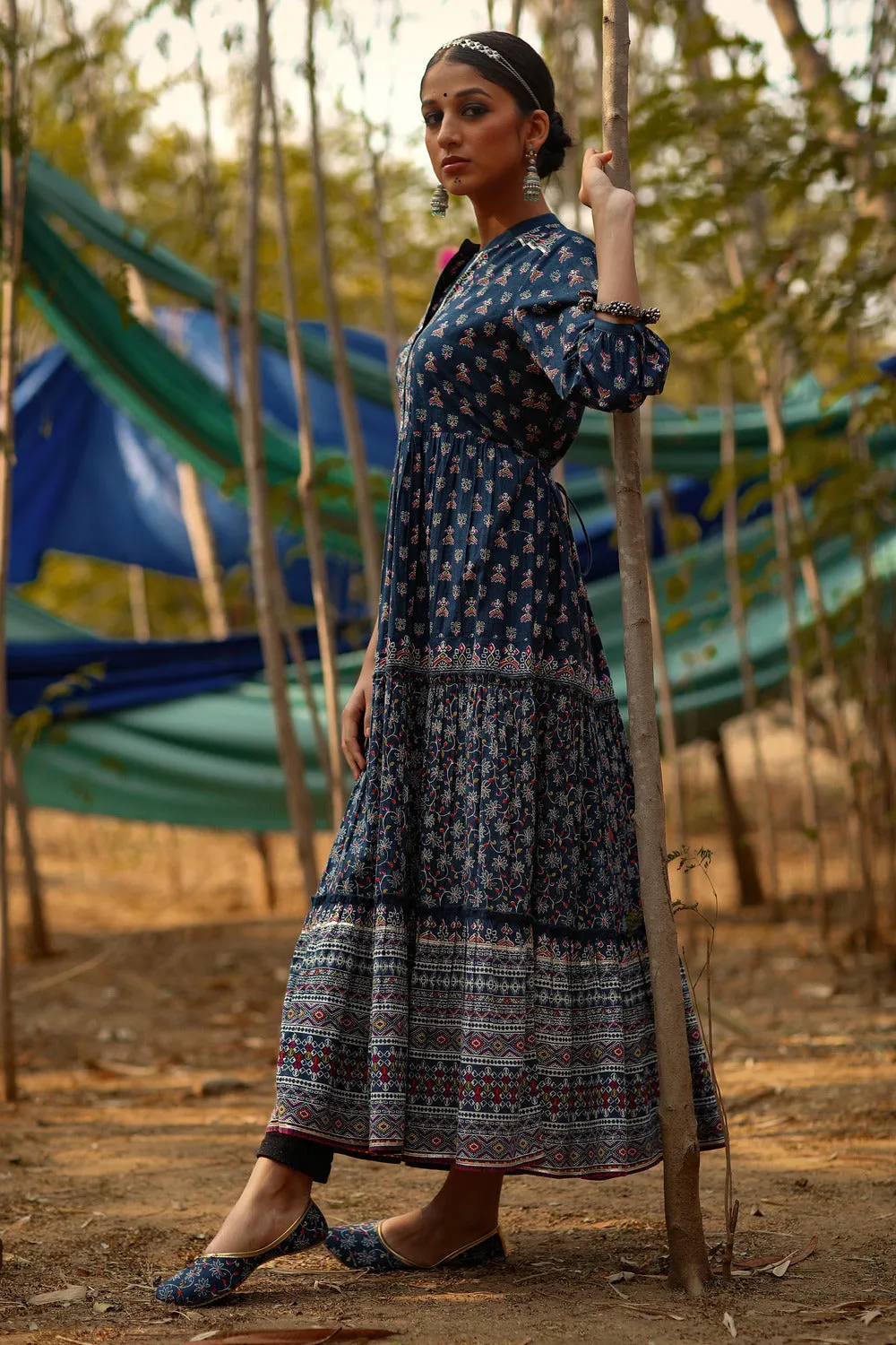 Jashvi Indigo Ethnic Motif Printed Pure Cotton Tiered Maxi Dress.