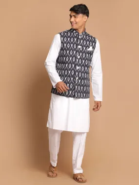 Jashvi Men's Black and white printed Nehru jacket With White Kurta Pyjama