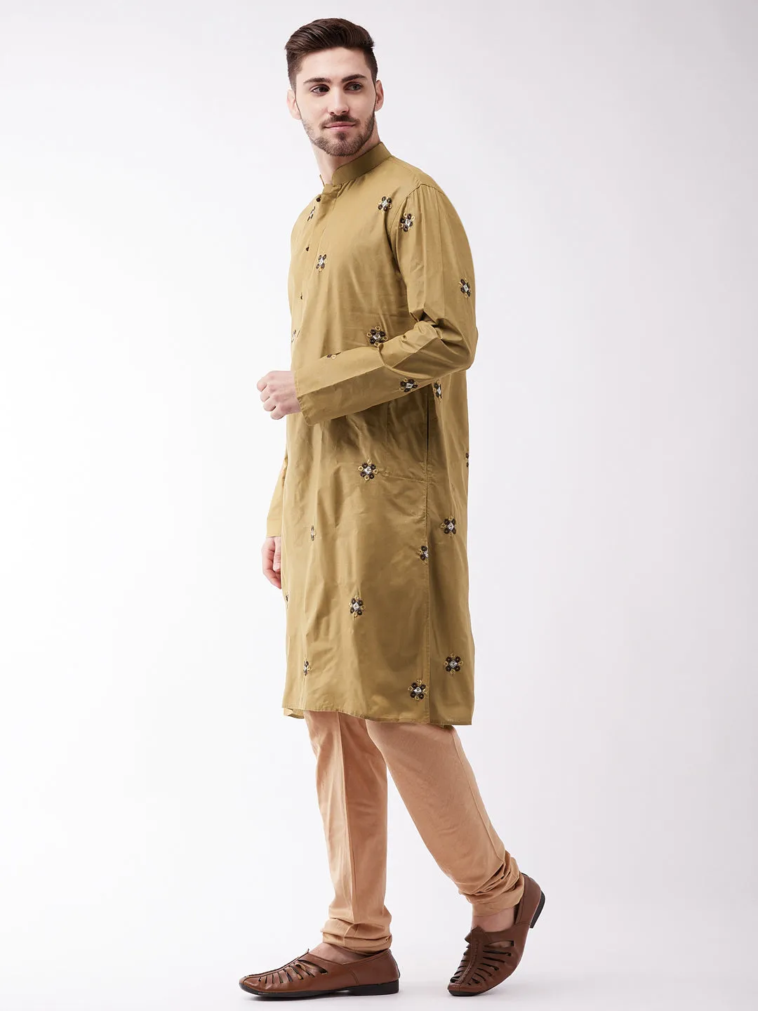 Jashvi Men's Chiku And Rose Gold Cotton Blend Kurta And Pyjama Set