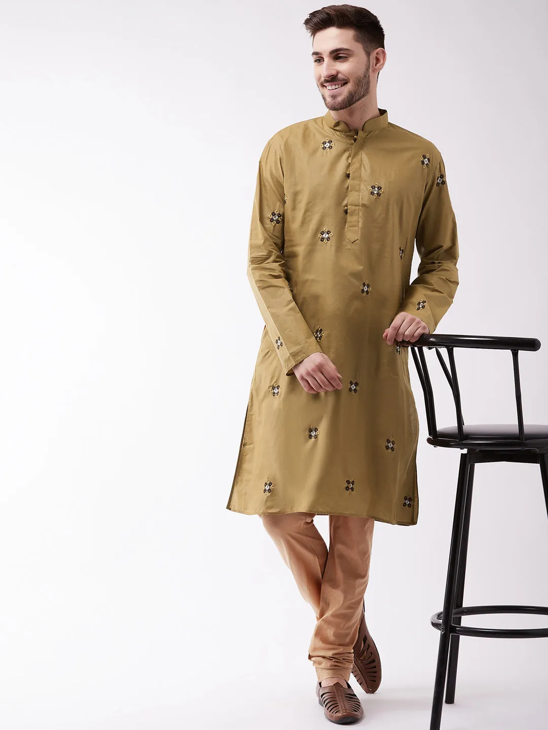 Jashvi Men's Chiku And Rose Gold Cotton Blend Kurta And Pyjama Set