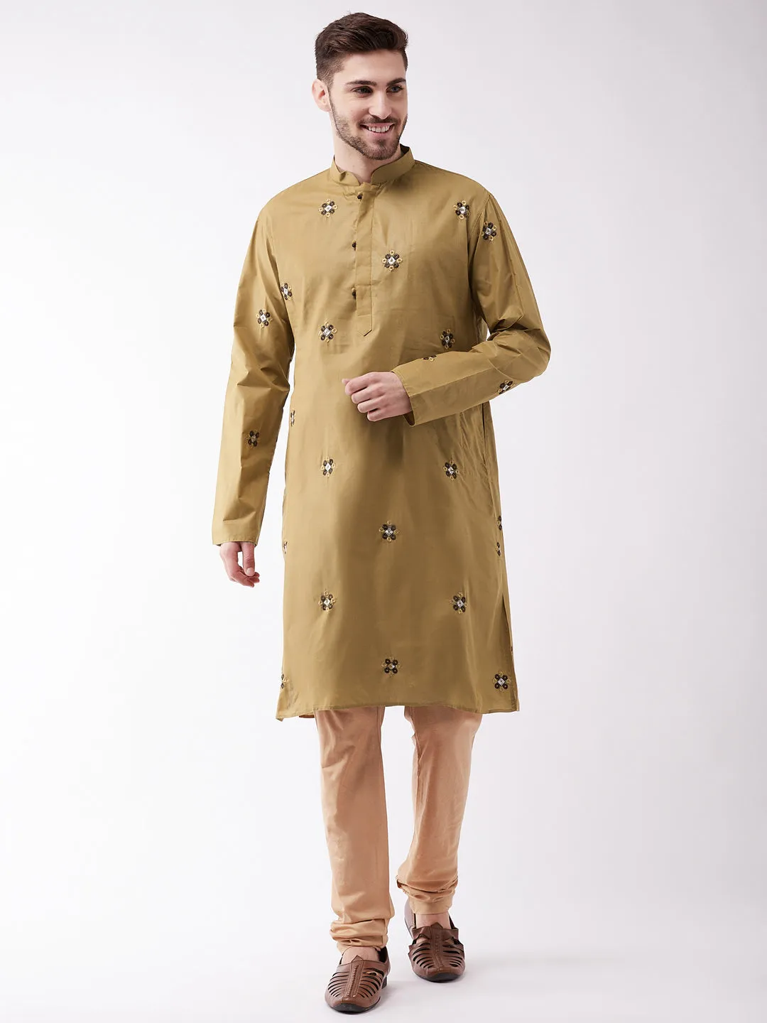 Jashvi Men's Chiku And Rose Gold Cotton Blend Kurta And Pyjama Set