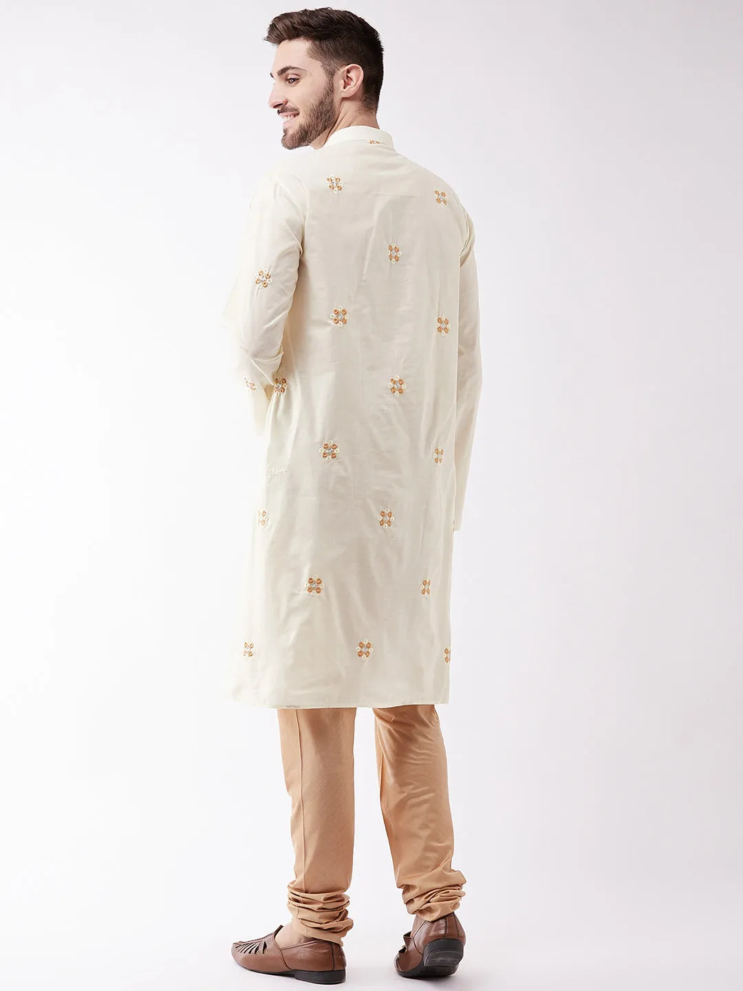 Jashvi Men's Cream And Rose Gold Cotton Blend Kurta And Pyjama Set