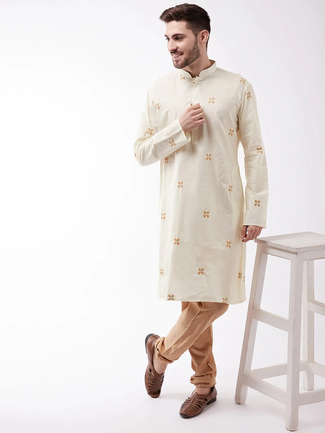 Jashvi Men's Cream And Rose Gold Cotton Blend Kurta And Pyjama Set