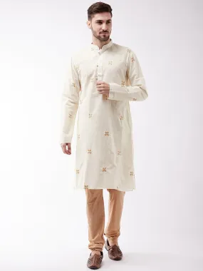 Jashvi Men's Cream And Rose Gold Cotton Blend Kurta And Pyjama Set