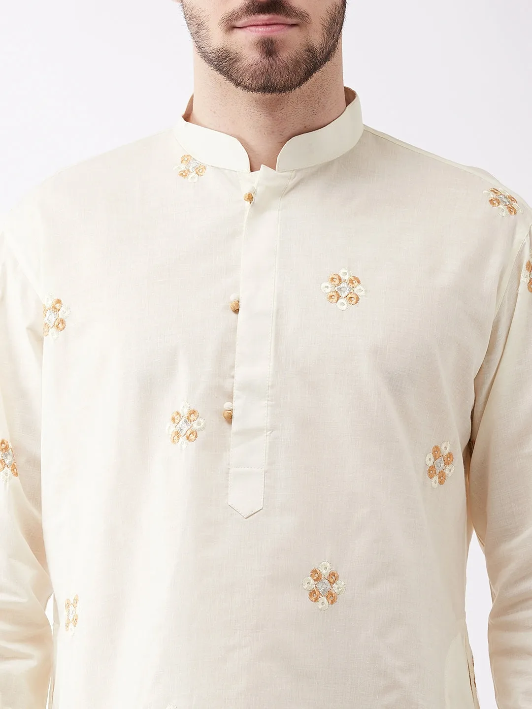 Jashvi Men's Cream And Rose Gold Cotton Blend Kurta And Pyjama Set