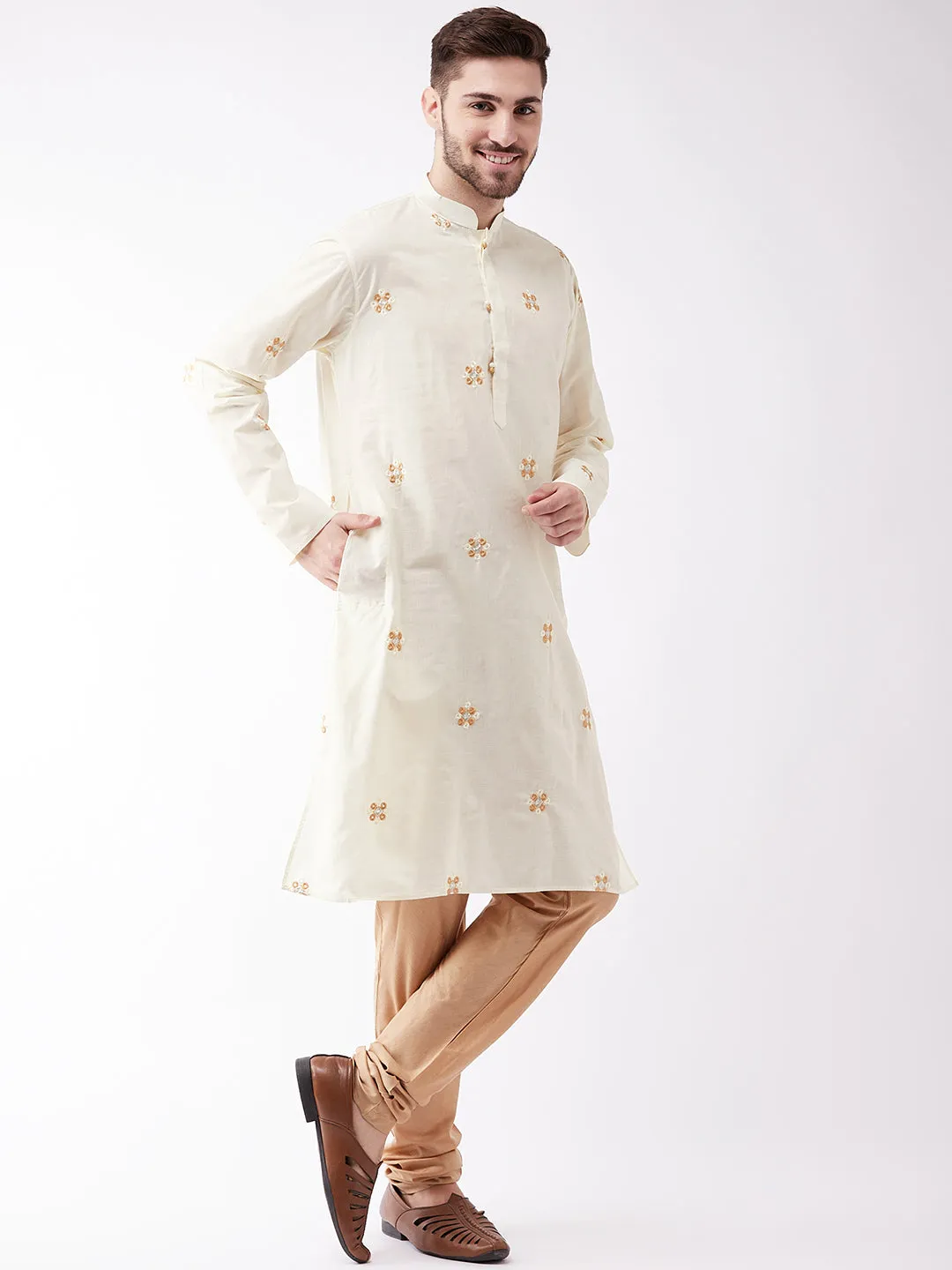 Jashvi Men's Cream And Rose Gold Cotton Blend Kurta And Pyjama Set