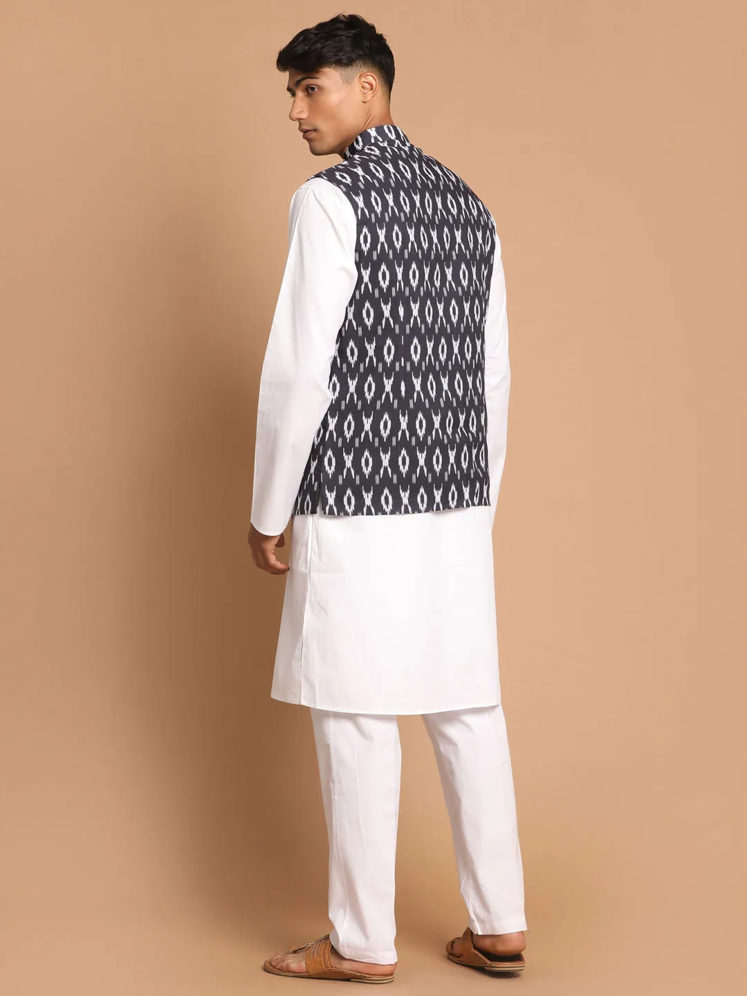 Jashvi Men's Grey Printed Cotton Nehru Jacket With White Kurta And Pant Set