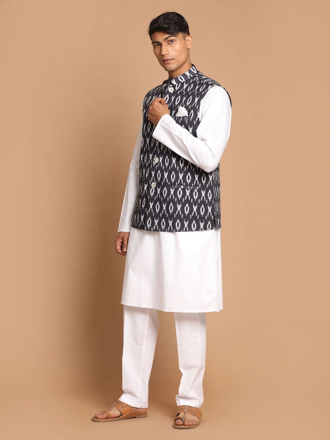 Jashvi Men's Grey Printed Cotton Nehru Jacket With White Kurta And Pant Set