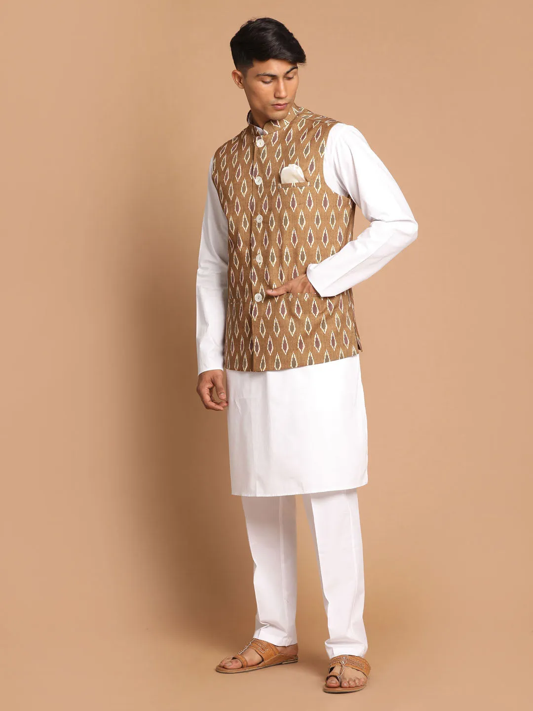 Jashvi Men's Multicolour-Base-Green Cotton Nehru Jacket  With White Pant