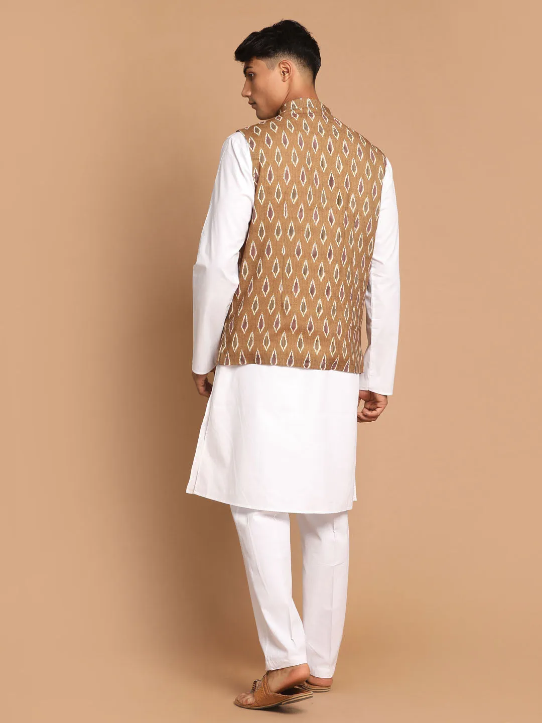 Jashvi Men's Multicolour-Base-Green Cotton Nehru Jacket  With White Pant