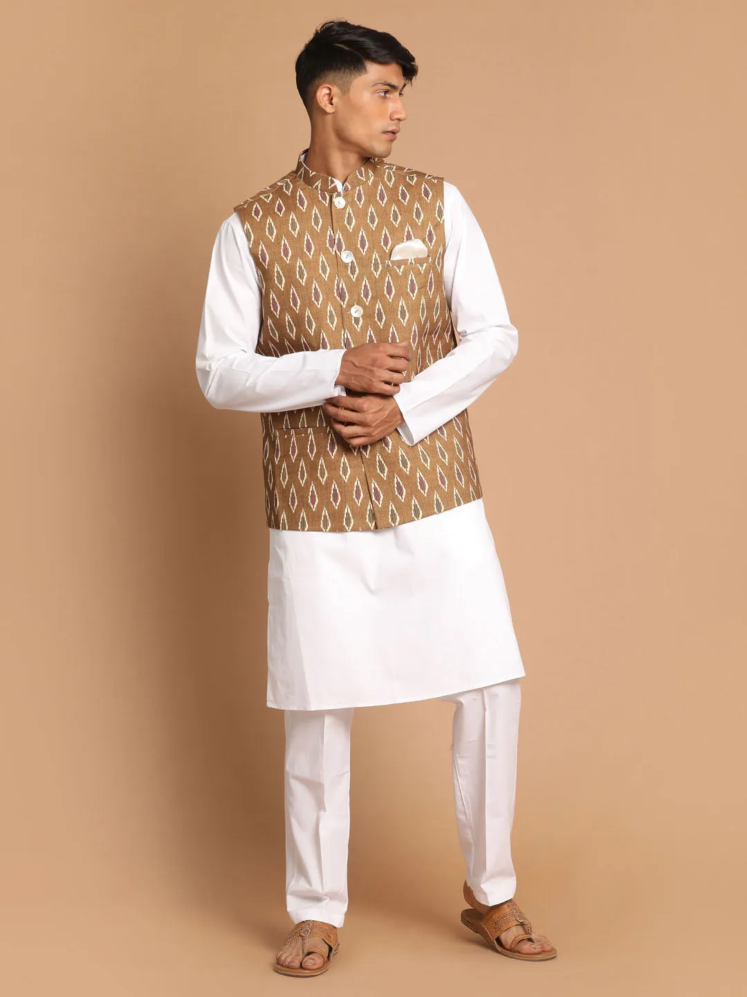 Jashvi Men's Multicolour-Base-Green Cotton Nehru Jacket  With White Pant