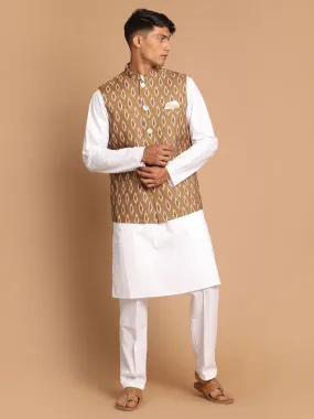 Jashvi Men's Multicolour-Base-Green Cotton Nehru Jacket  With White Pant