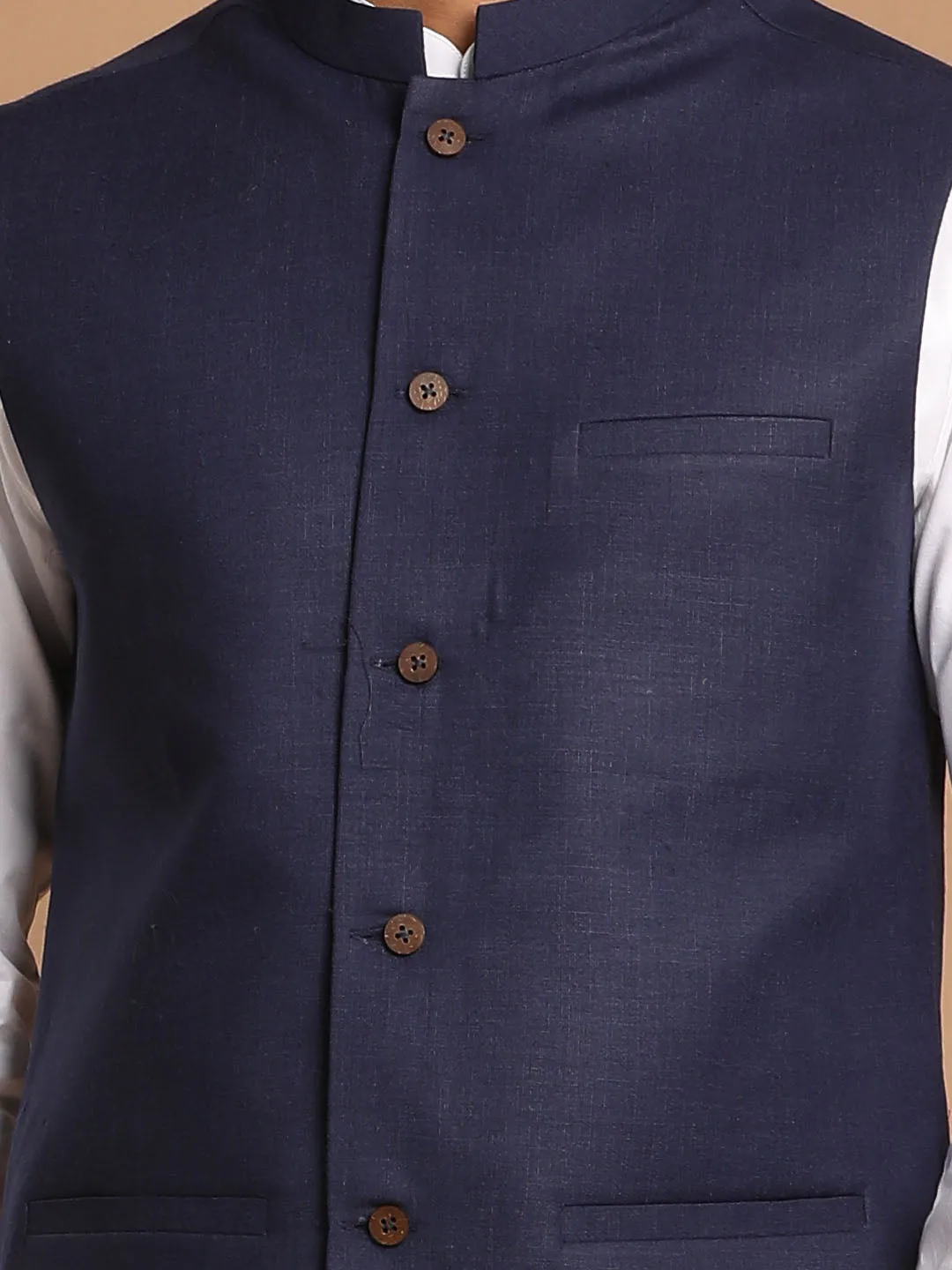 Jashvi Men's Navy Blue Cotton Nehru Jacket  With White Kurta and Pant