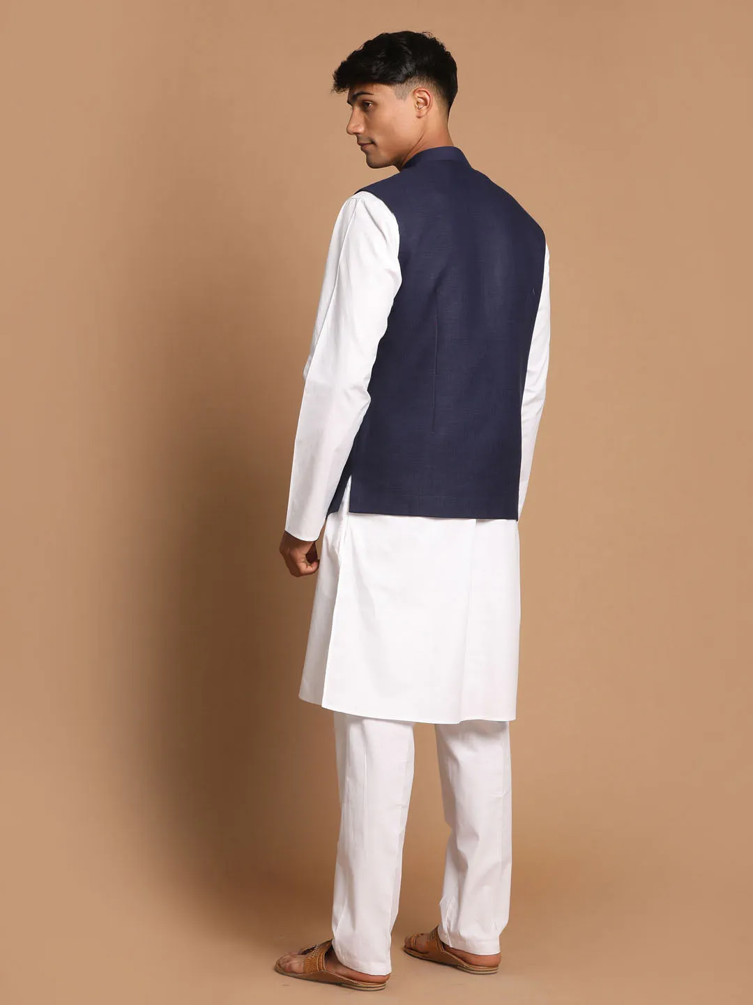 Jashvi Men's Navy Blue Cotton Nehru Jacket  With White Kurta and Pant