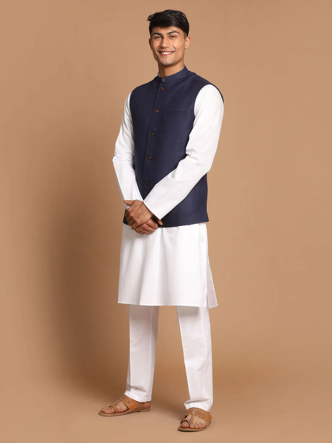 Jashvi Men's Navy Blue Cotton Nehru Jacket  With White Kurta and Pant