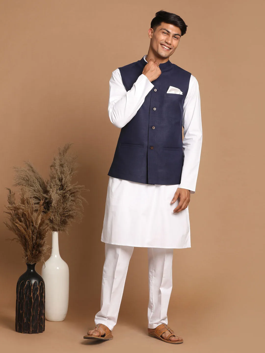 Jashvi Men's Navy Blue Cotton Nehru Jacket  With White Kurta and Pant