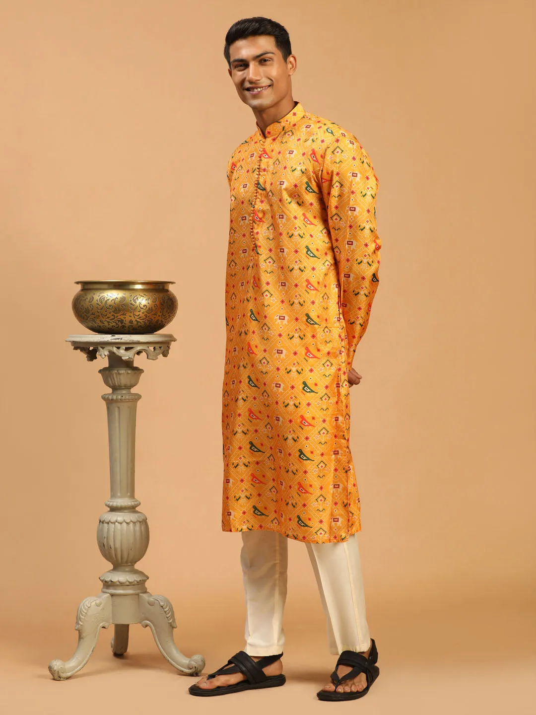 Jashvi Men's Yellow Silk Blend Ethnic Kurta With Cream Viscose Pant Set