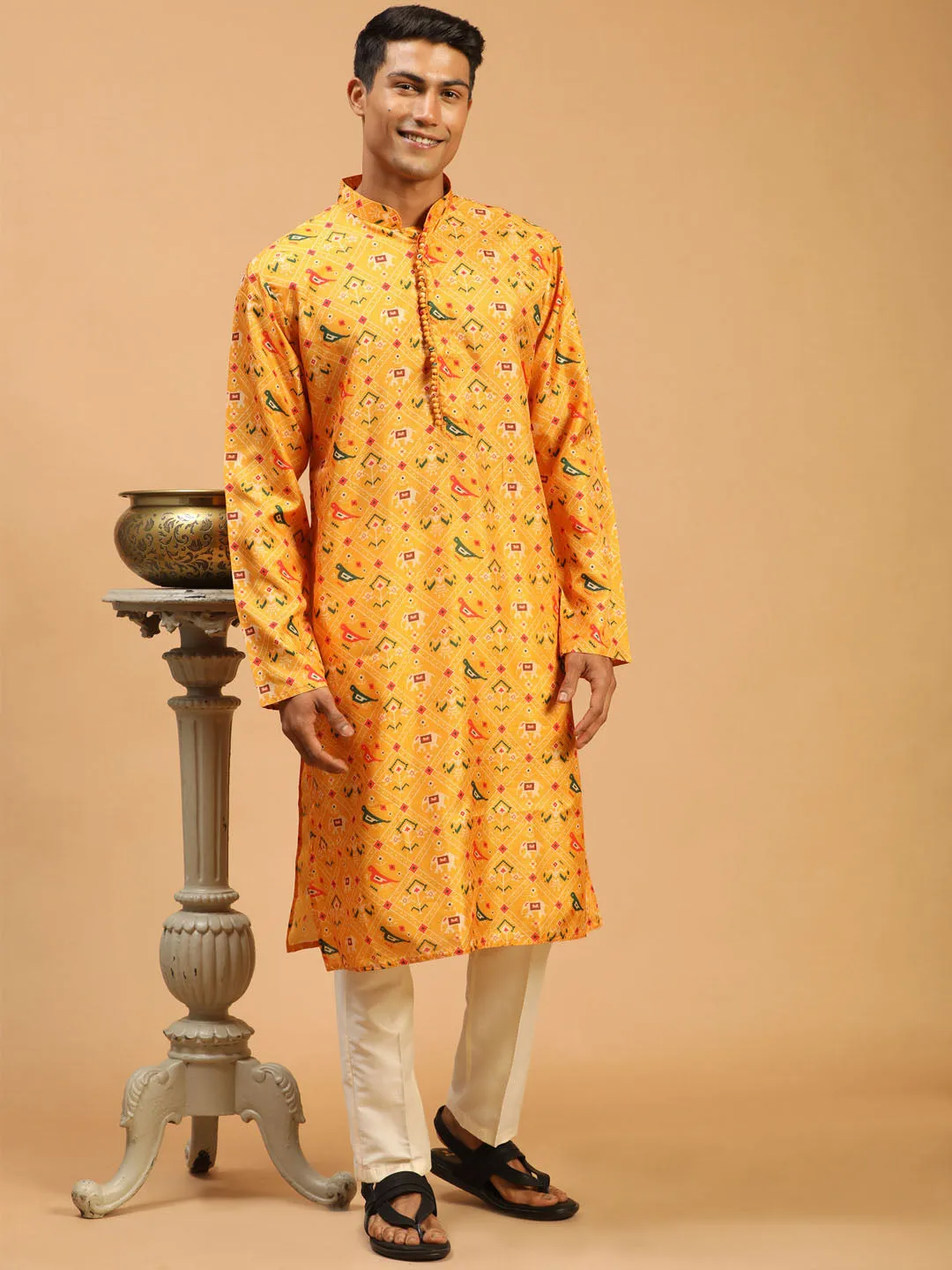 Jashvi Men's Yellow Silk Blend Ethnic Kurta With Cream Viscose Pant Set